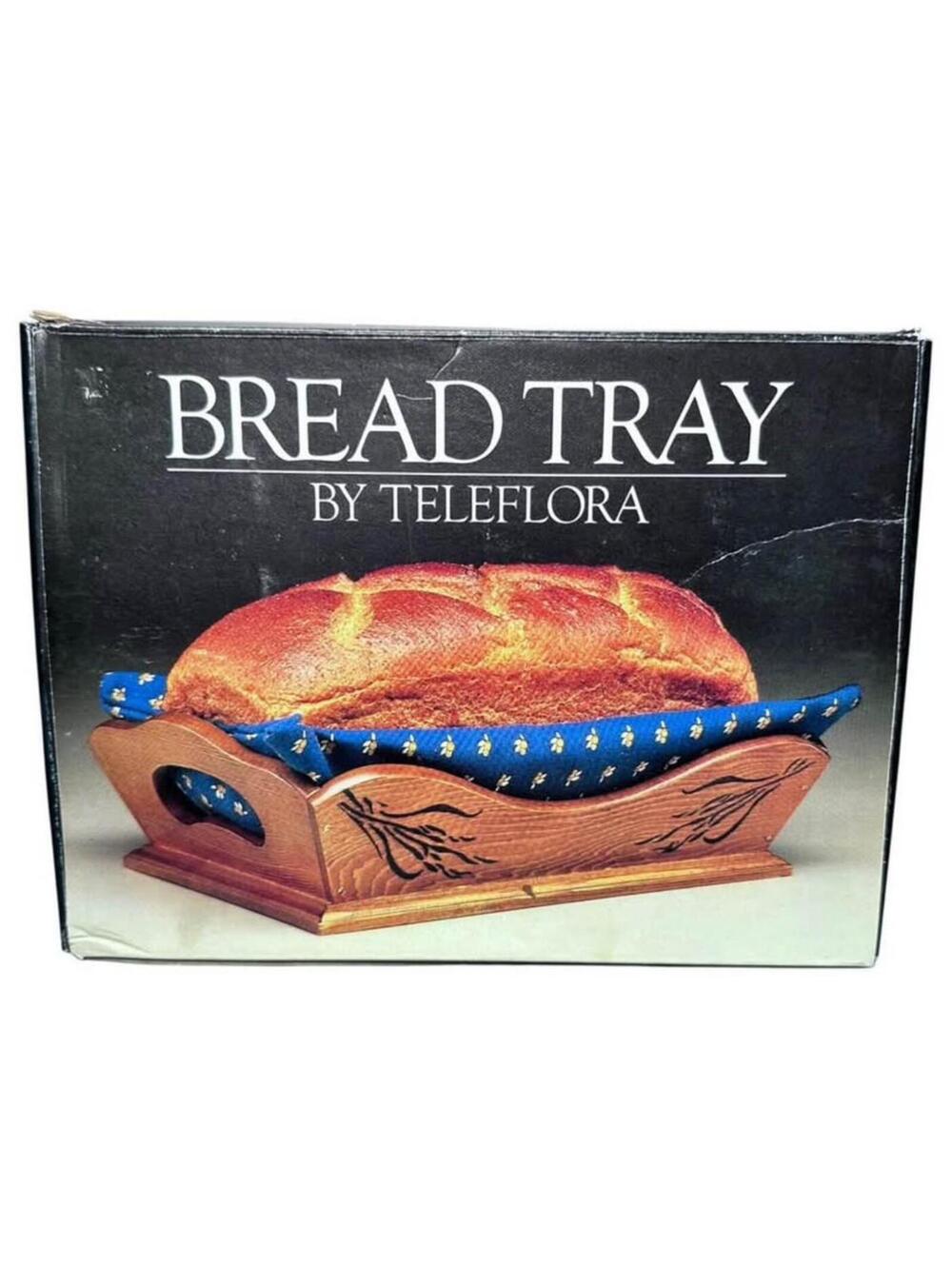 VTG 1982 Teleflora Wooden Bread Tray Basket Server with Cloth Liners Sourdough